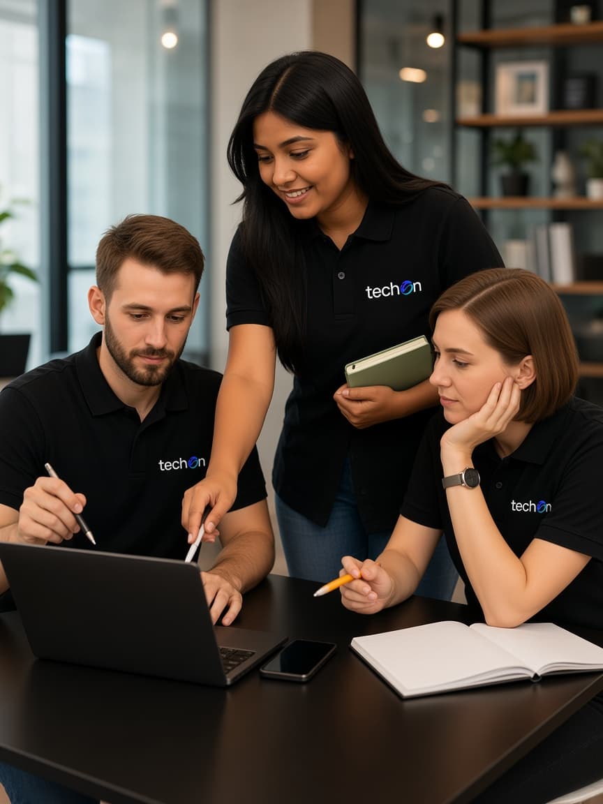 Techon team collaborating in branded polo shirts