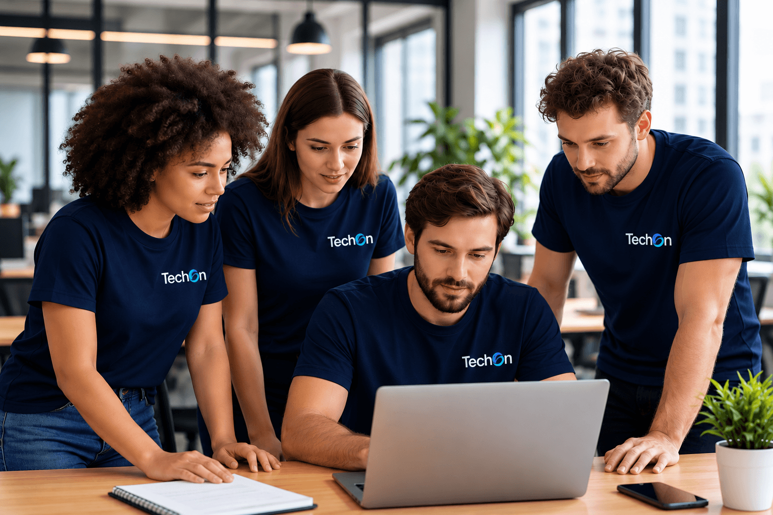 Techon engineering team collaborating in an open workspace